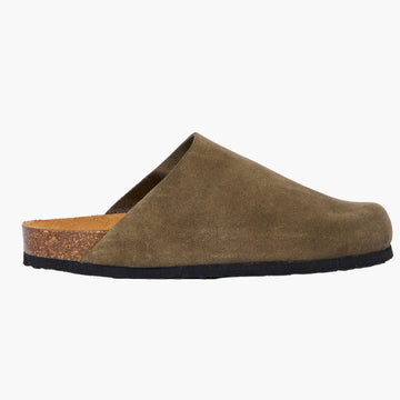 Dark green suede clog shoe without straps on a white background
